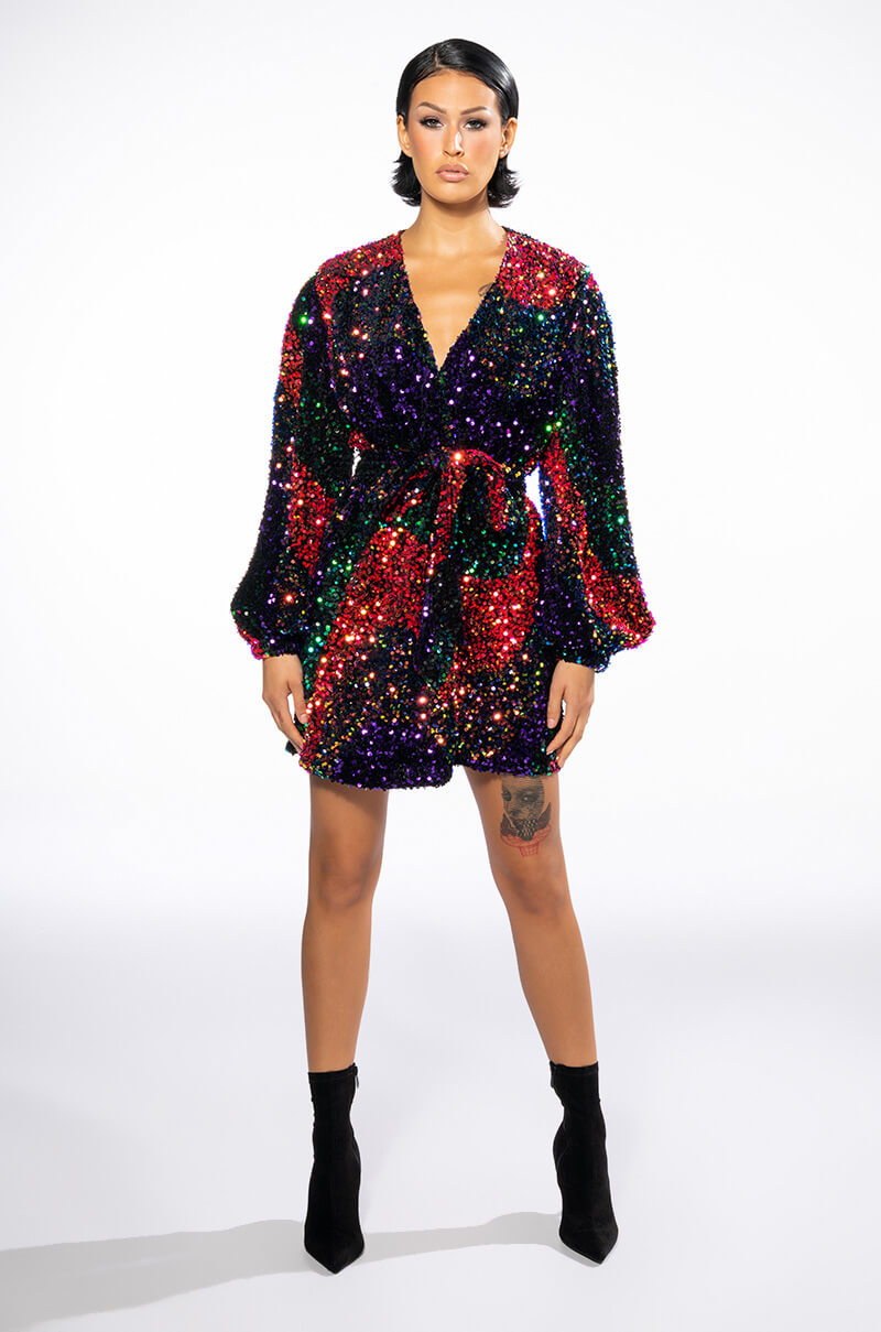ON MY TIME SEQUIN WRAP MINI DRESS