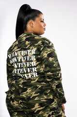 PLUS WHATEVER CAMO BOMBER JACKET